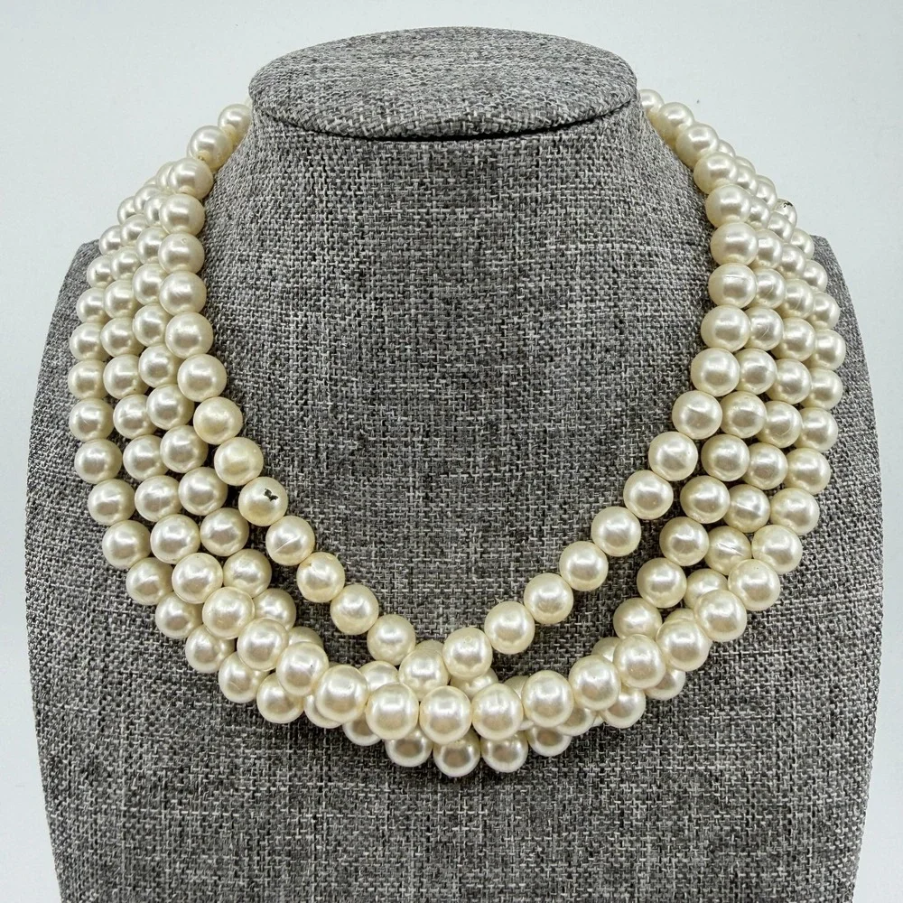 Cream Faux Pearl Multi Strand Necklace Chunky Coquette Statement Wedding Gift
